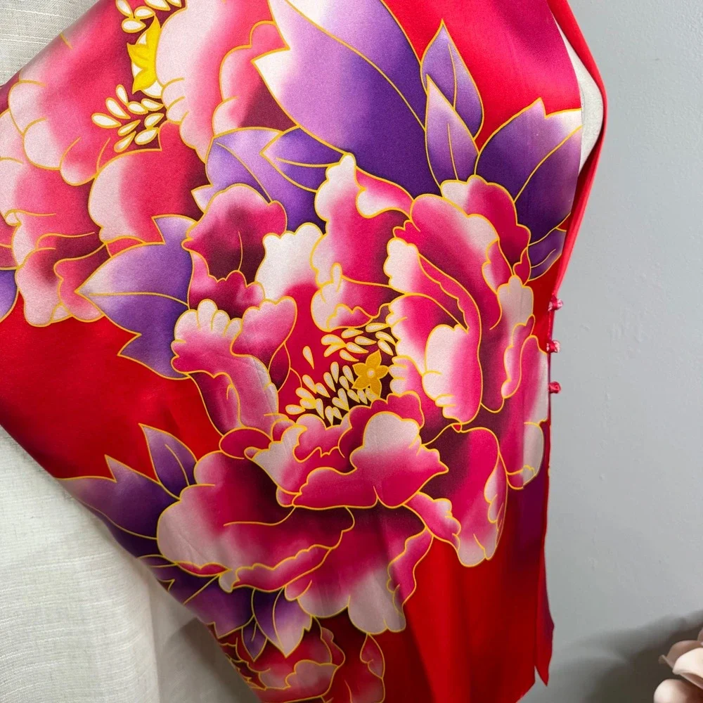 100% Silk Peony Wrap Shawl Floral Frog Knot Red Pink Purple Asian Art Drape